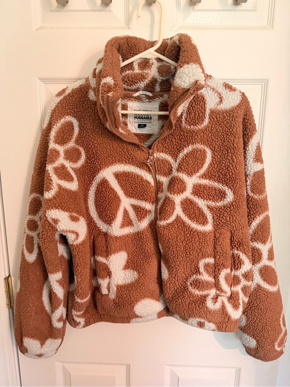 American Eagle Outfitters Rust Teddy Jacket with White Floral & Peace Print